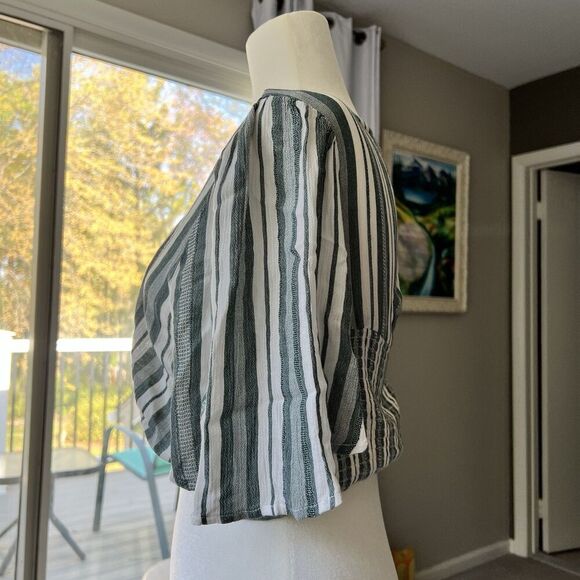 Boho Striped Crop Top Women’s Ring Front V-Neck Y2K Cottagecore Festival Blouse - Picture 4 of 12